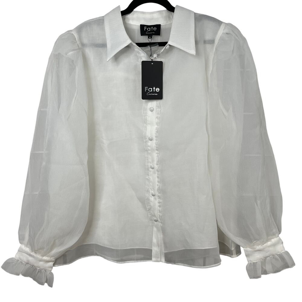 NWT Fate Curve Puff Sleeve White Button Down Blouse Ruffle Long Sleeve Shirt